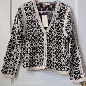 Solitaire Black and Natural Crochet Long Sleeve Cardigan Sweater Boho NEW Medium